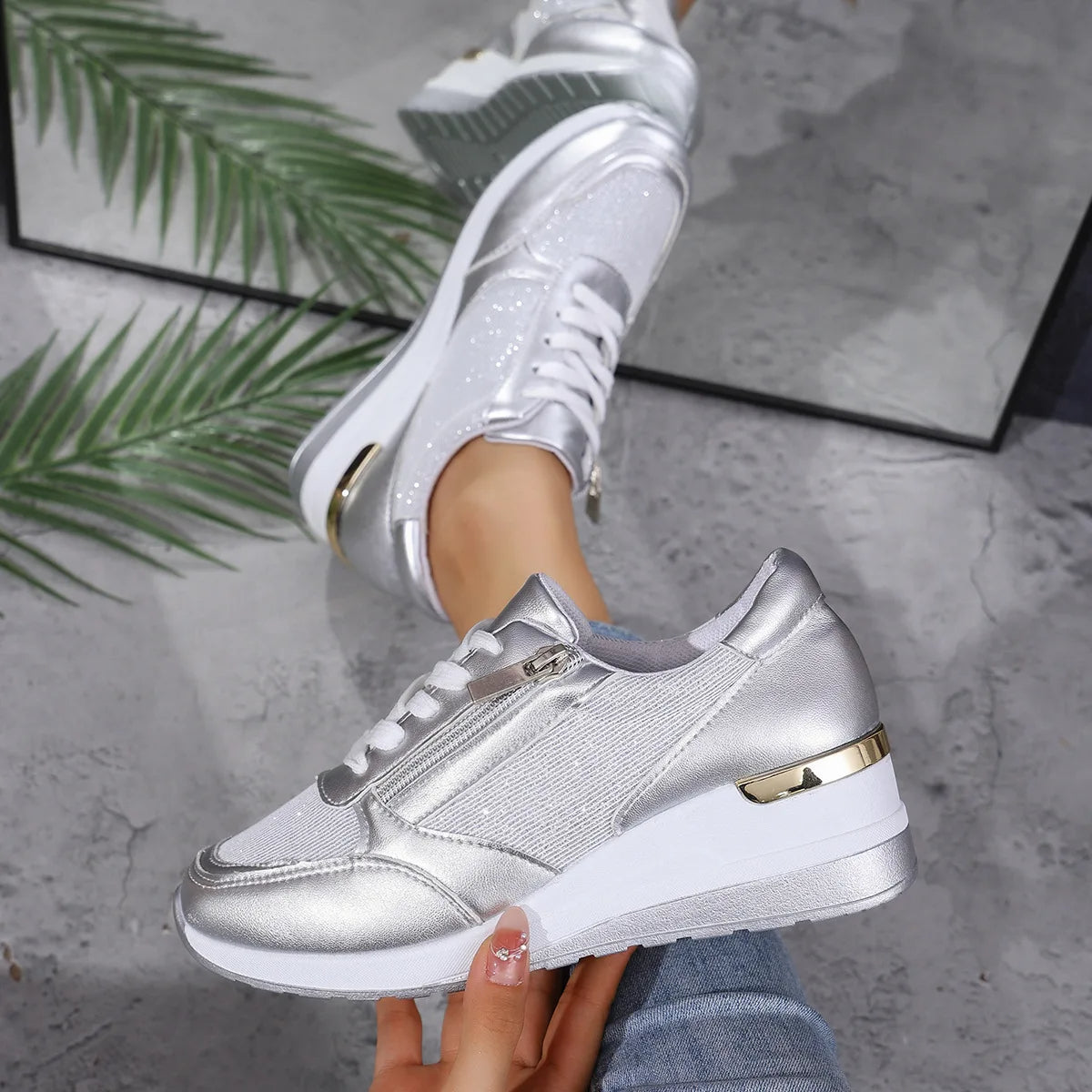 AURA | Lightweight Metallic Wedge Sneakers