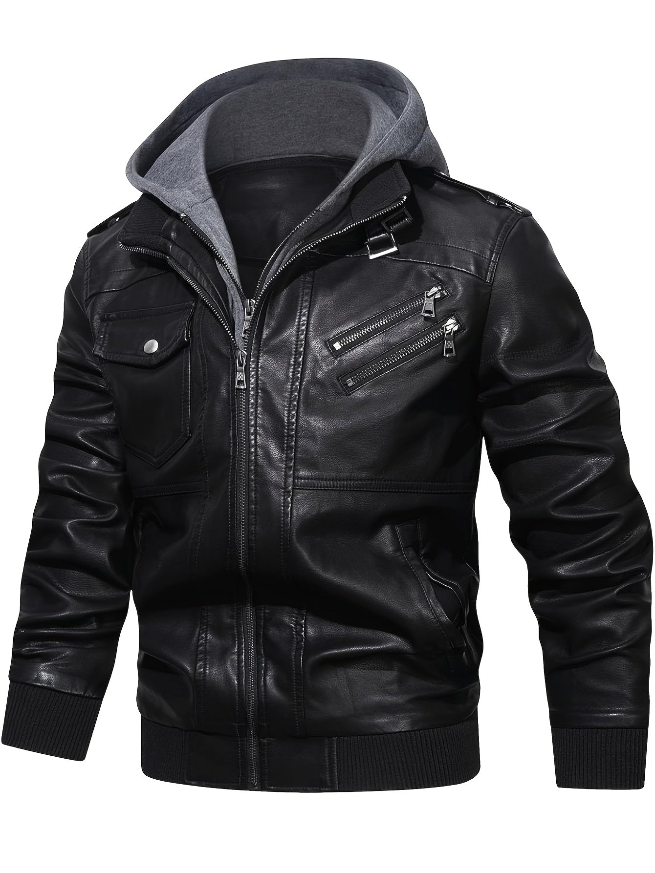 Eiroy Men's Biker Leather Hoodie Jacket