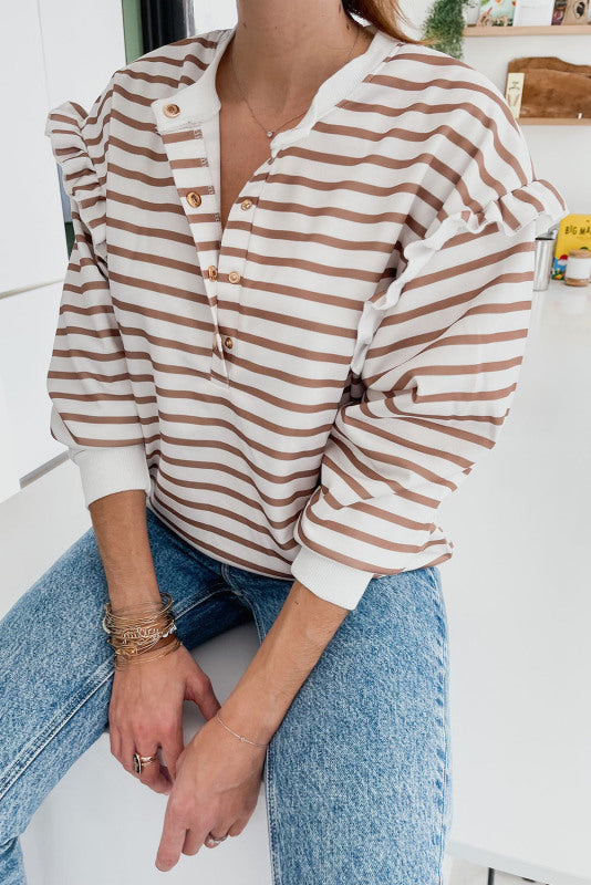 Ruffled Striped V-Neck Long Sleeve Top