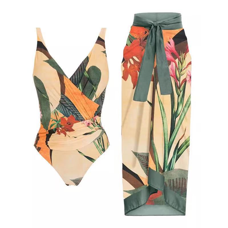 Botanical One-Piece Swimsuit & Wrap Skirt Set