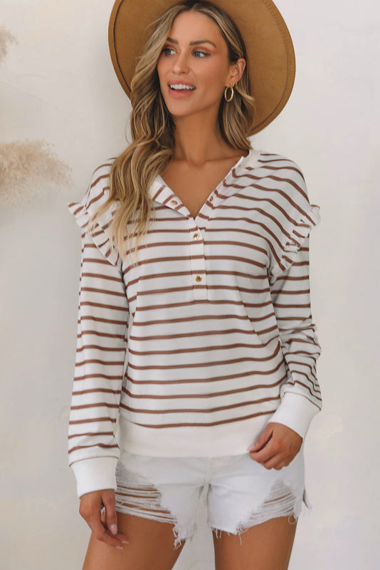 Ruffled Striped V-Neck Long Sleeve Top