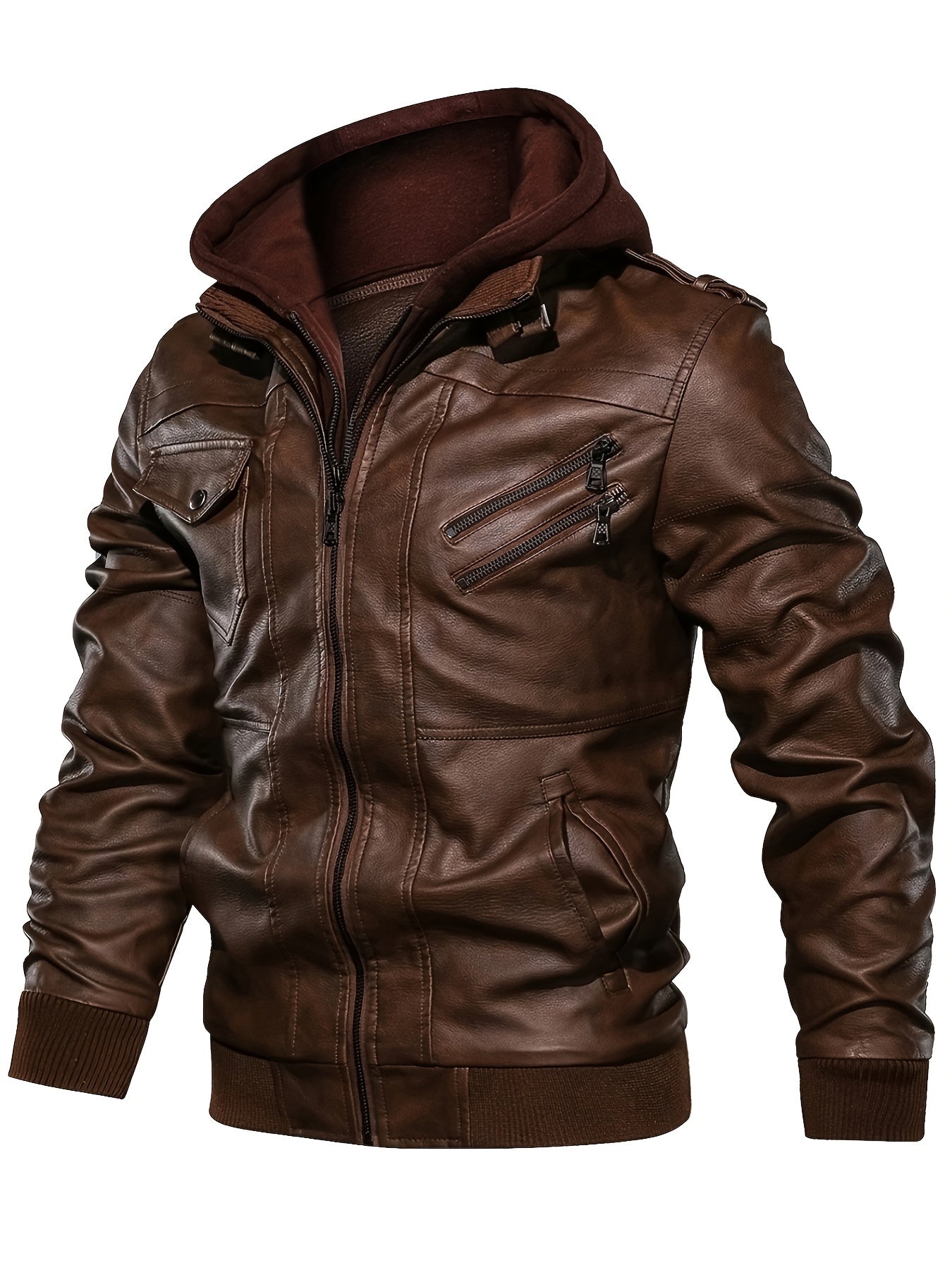 Eiroy Men's Biker Leather Hoodie Jacket