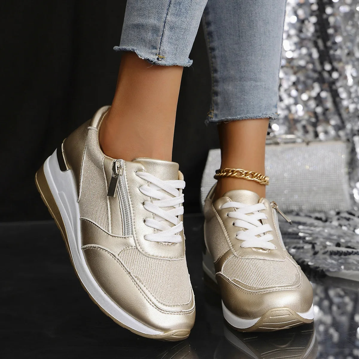 AURA | Lightweight Metallic Wedge Sneakers