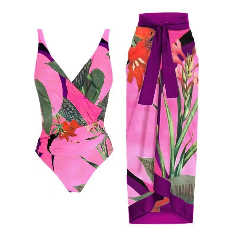 Botanical One-Piece Swimsuit & Wrap Skirt Set