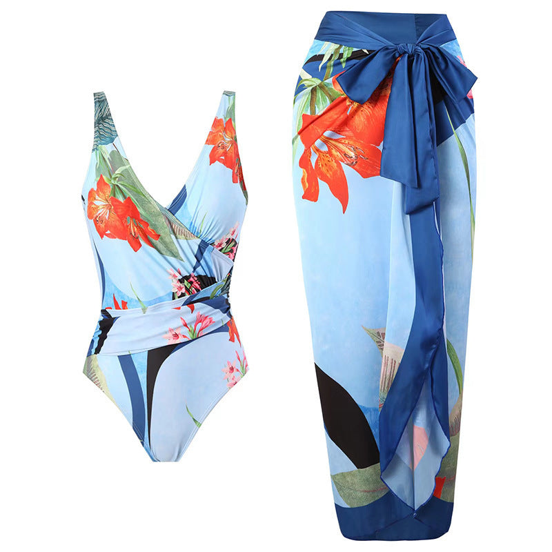 Botanical One-Piece Swimsuit & Wrap Skirt Set