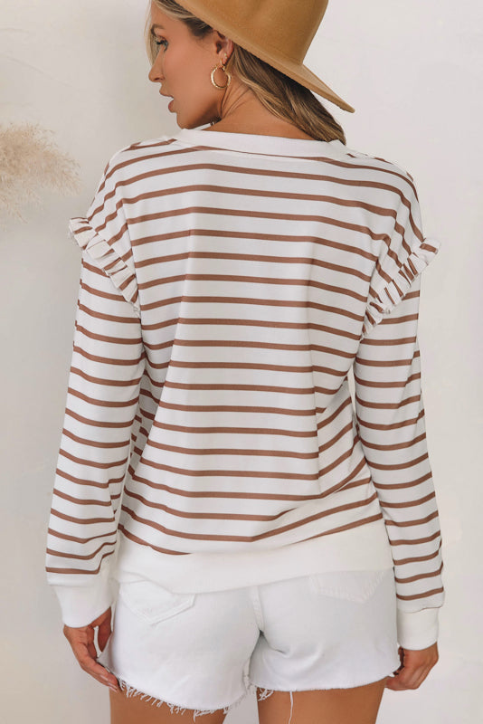 Ruffled Striped V-Neck Long Sleeve Top